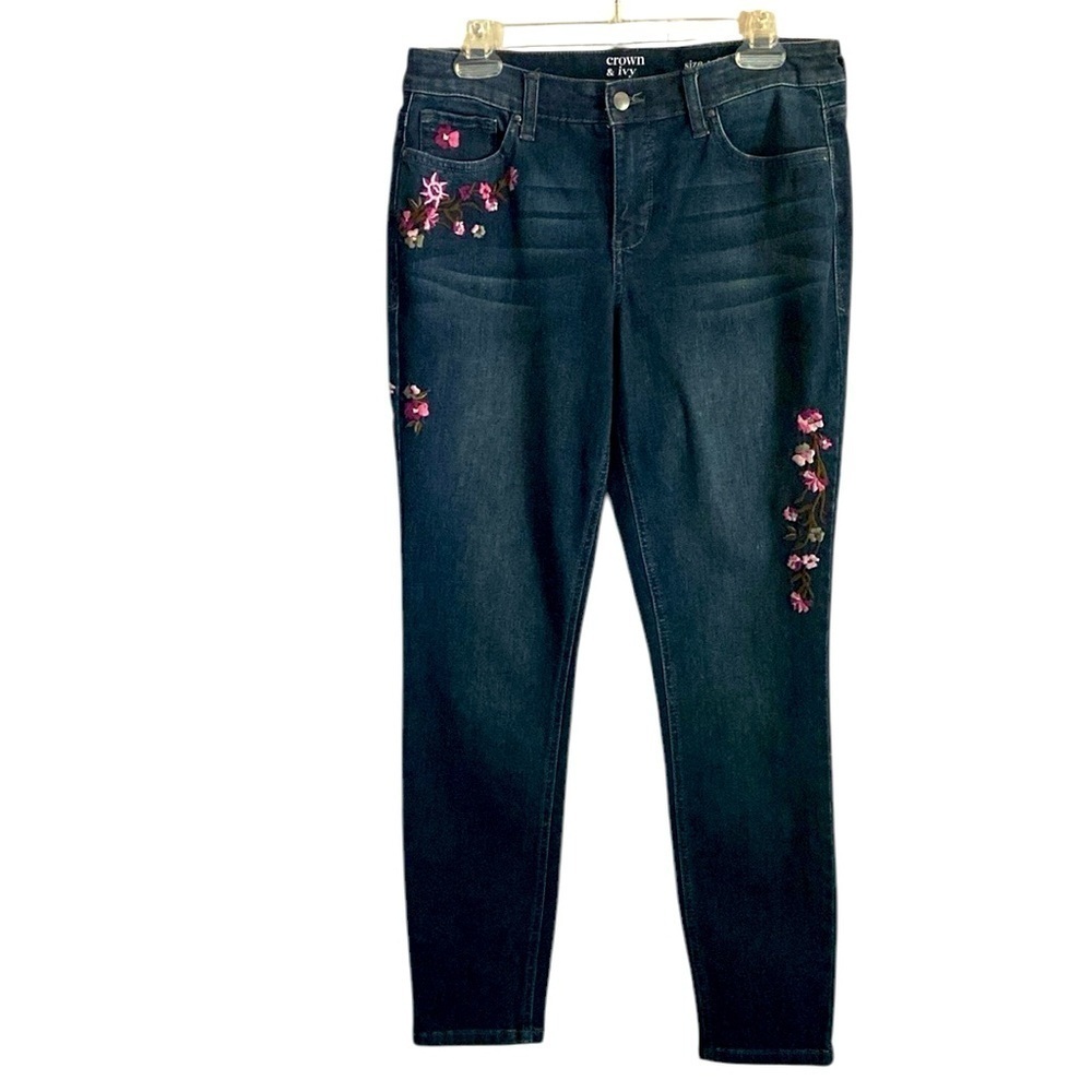 Crown & Ivy Women’s Floral Embroidered Dark Wash Mid Rise Skinny Jeans Size 10R